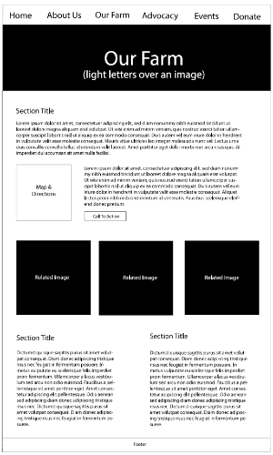 a wireframe layout for the seeds of solidarity Our Farm page