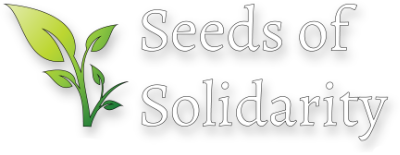 the seeds of solidarity logo, with white letters and a leaf graphic to the left