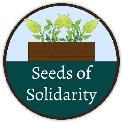 a revised logo, now in a circle, with seeds of solidarity on the bottom half and a garden on the top half